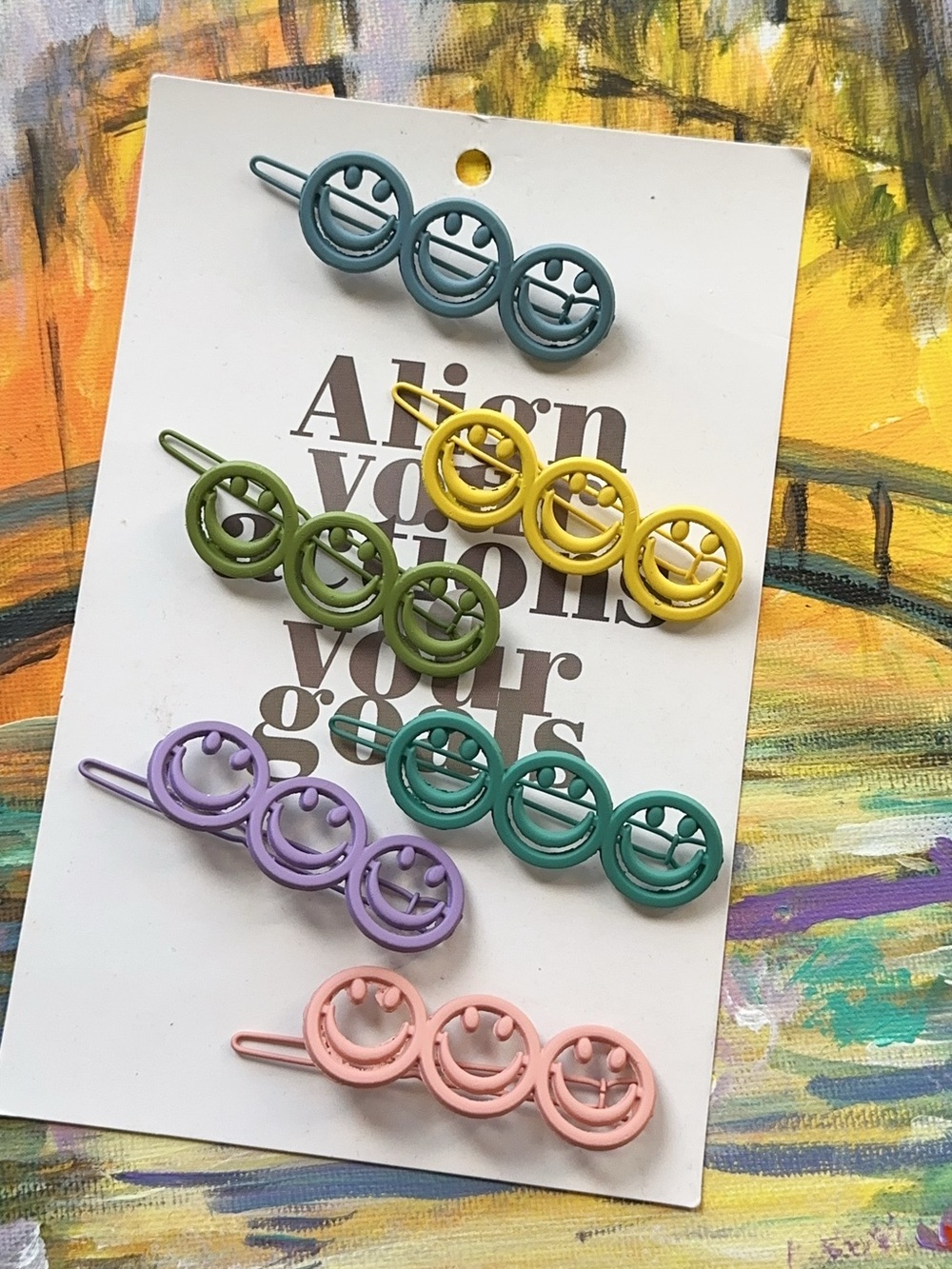 Set of 6 Triple Smiley Hair Clips Set - Pastel Multi